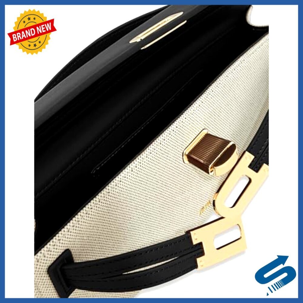 Structured Top Handle Bag Vegan Leather Canvas Minimal Chic Crossbody - Picture 6 of 7